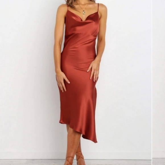 Petal & Pup Rust Cypress Draped Cowl Silky Satin Side Slit Midi Slip Dress 2US - Picture 5 of 8